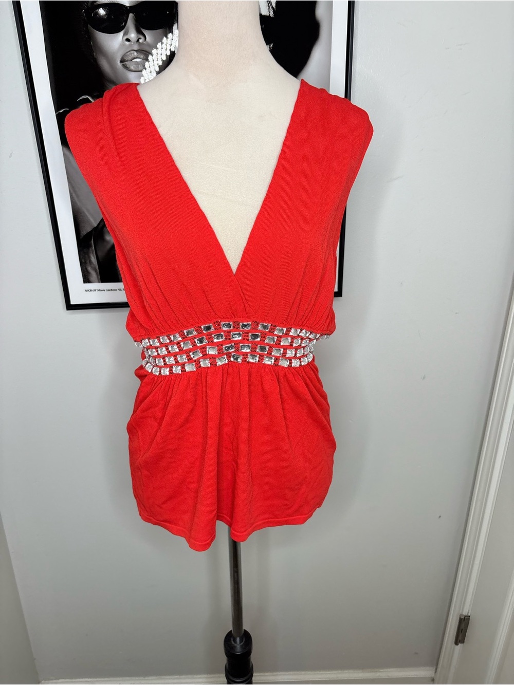 Cache Red V-Neck Jeweled Waist Sleeveless Tunic
